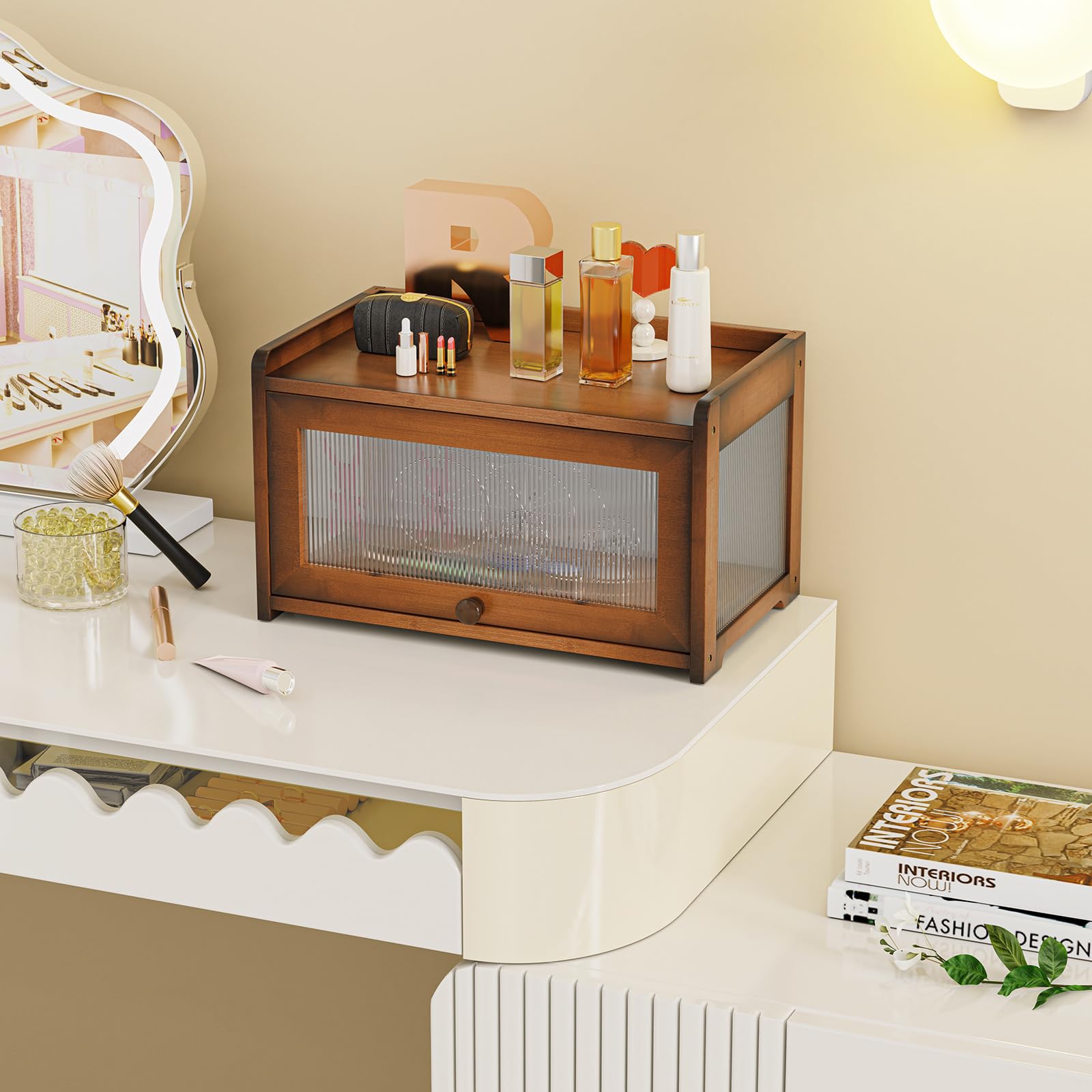 BAMBANG Panera de bambú para encimera de cocina, contenedor de almacenamiento de pan de gran capacidad, caja de pan de granja con 3 lados ondulados y ventana trasera transparente, soporte para panera