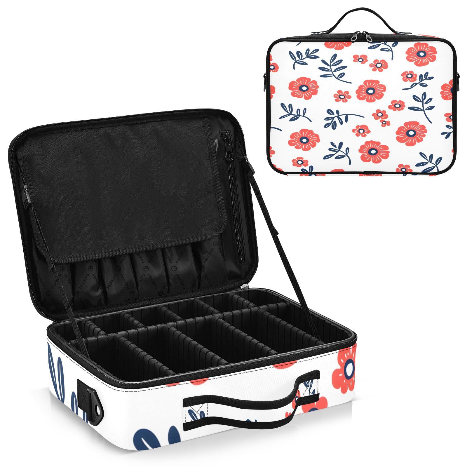 zyrtty Travel Makeup Train Case Coral Flower Leaves Pattern Cosmetic Organizer Portable Storage Bag with Adjustable Dividers for Cosmetics Brushes Toiletry Jewelry Digital Accessories
