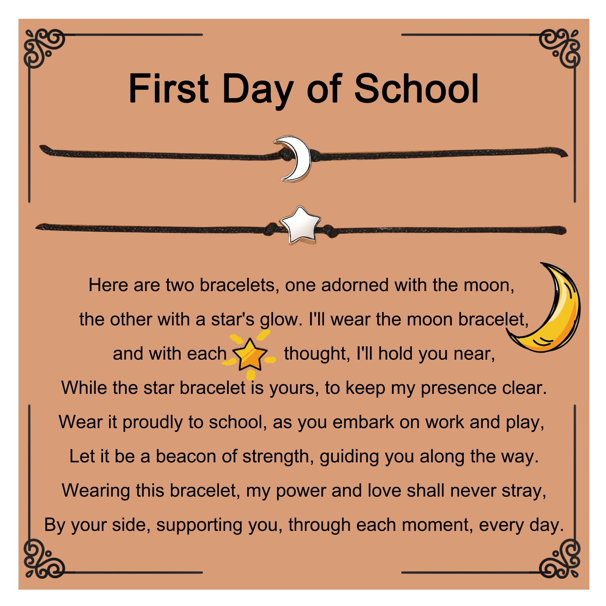 MADAOGOBack to School Gifts for Girls, 925 Sterling Silver Moon and Star Matching Bracelet, Mother Daughter Bracelet Set, First Day of School Bracelet, 6mm Bead, Adjustable, no gemstone