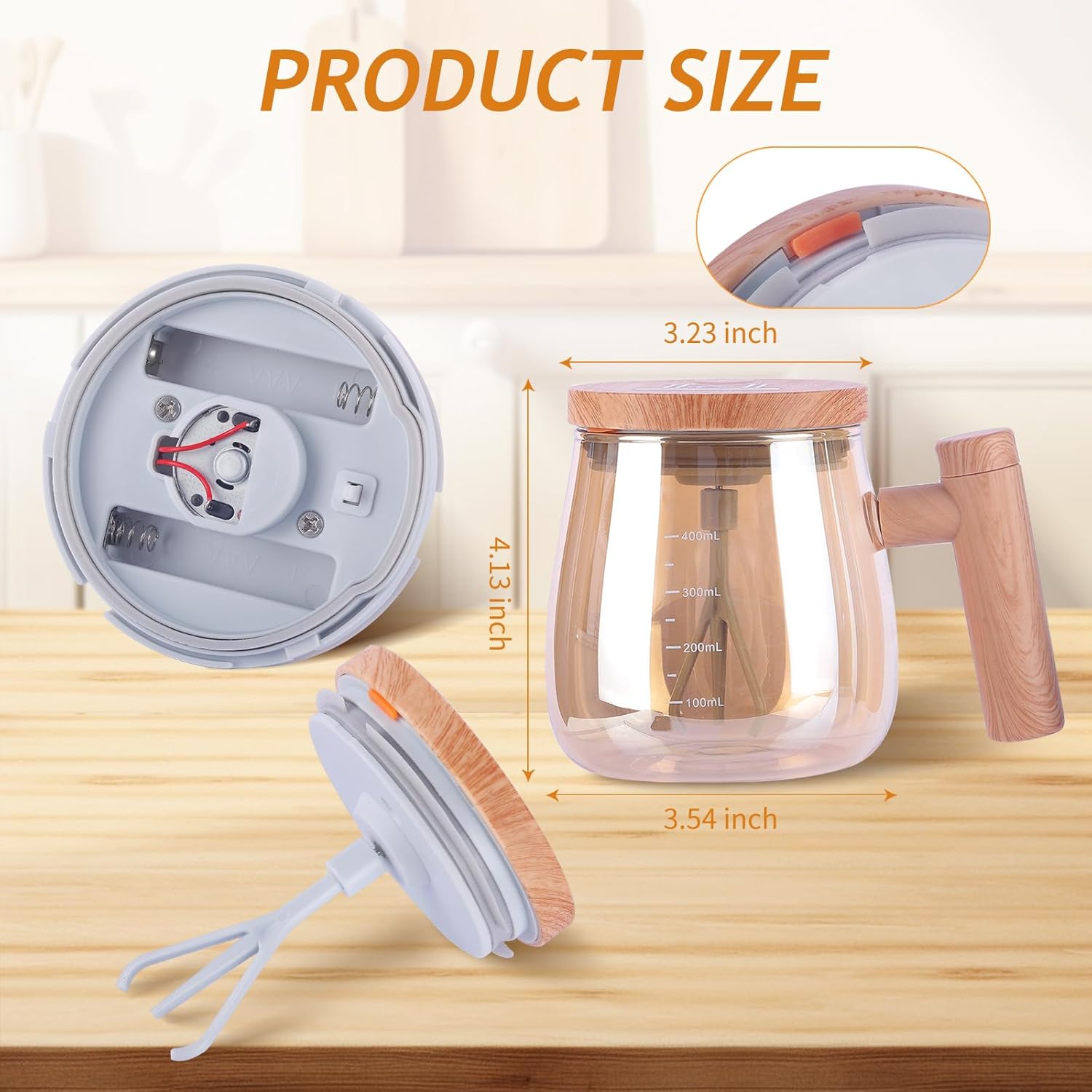 Self Stirring Coffee Mug, 400ml 6000 RPM Electric Mixer Cup, Heat-Protection Glass Coffee Blender with Lid, 48 dB , for Home/Office, Creative Gift (Champagne gold glass  light wood grain handle)