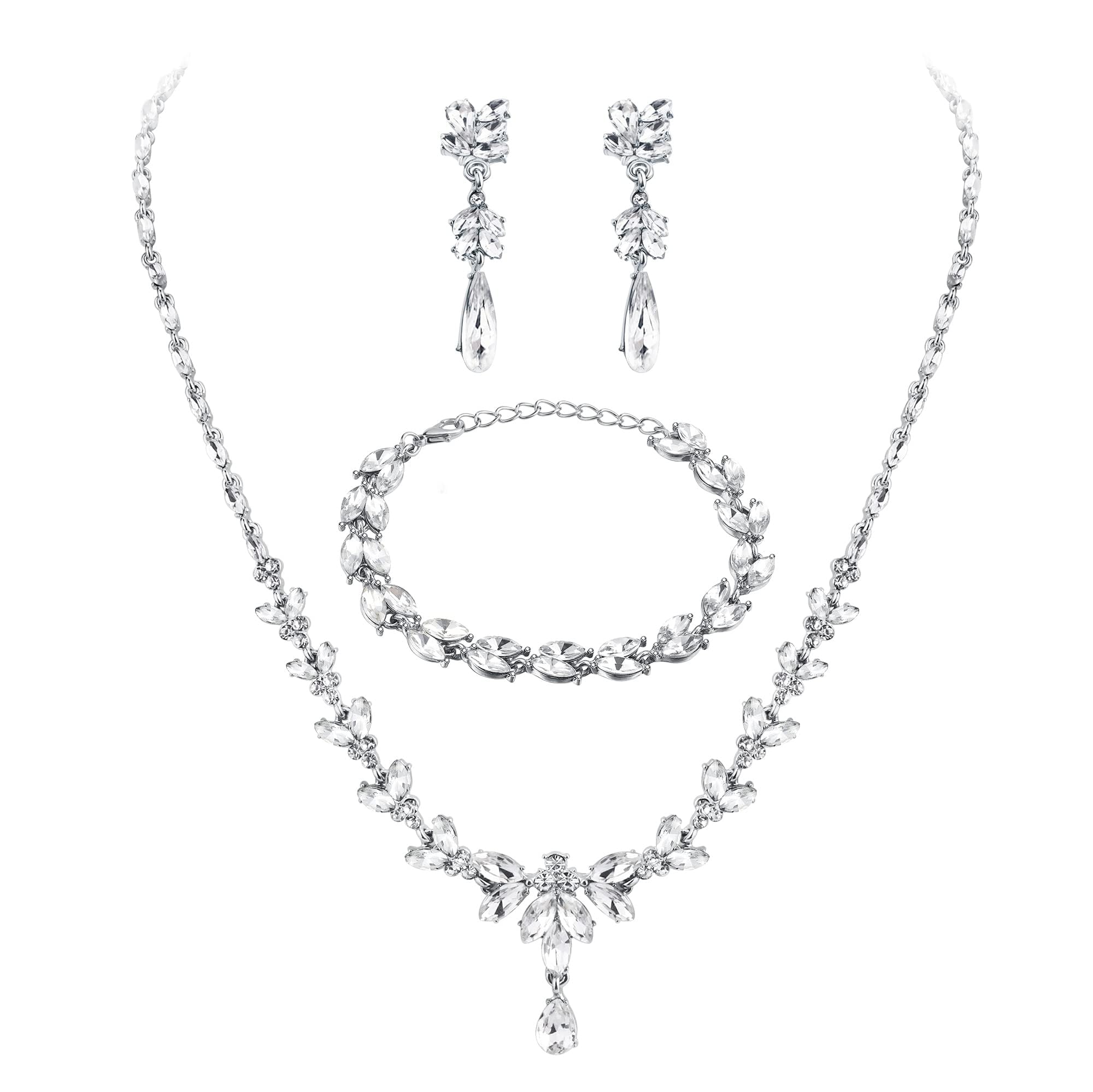 JeryWe Mujeres Boda Joyería de Novia Set Prom bisutería Set Rhinestone Cristal Gargantilla Collar Pulsera Lágrima Clip En Pendientes Set para Novia