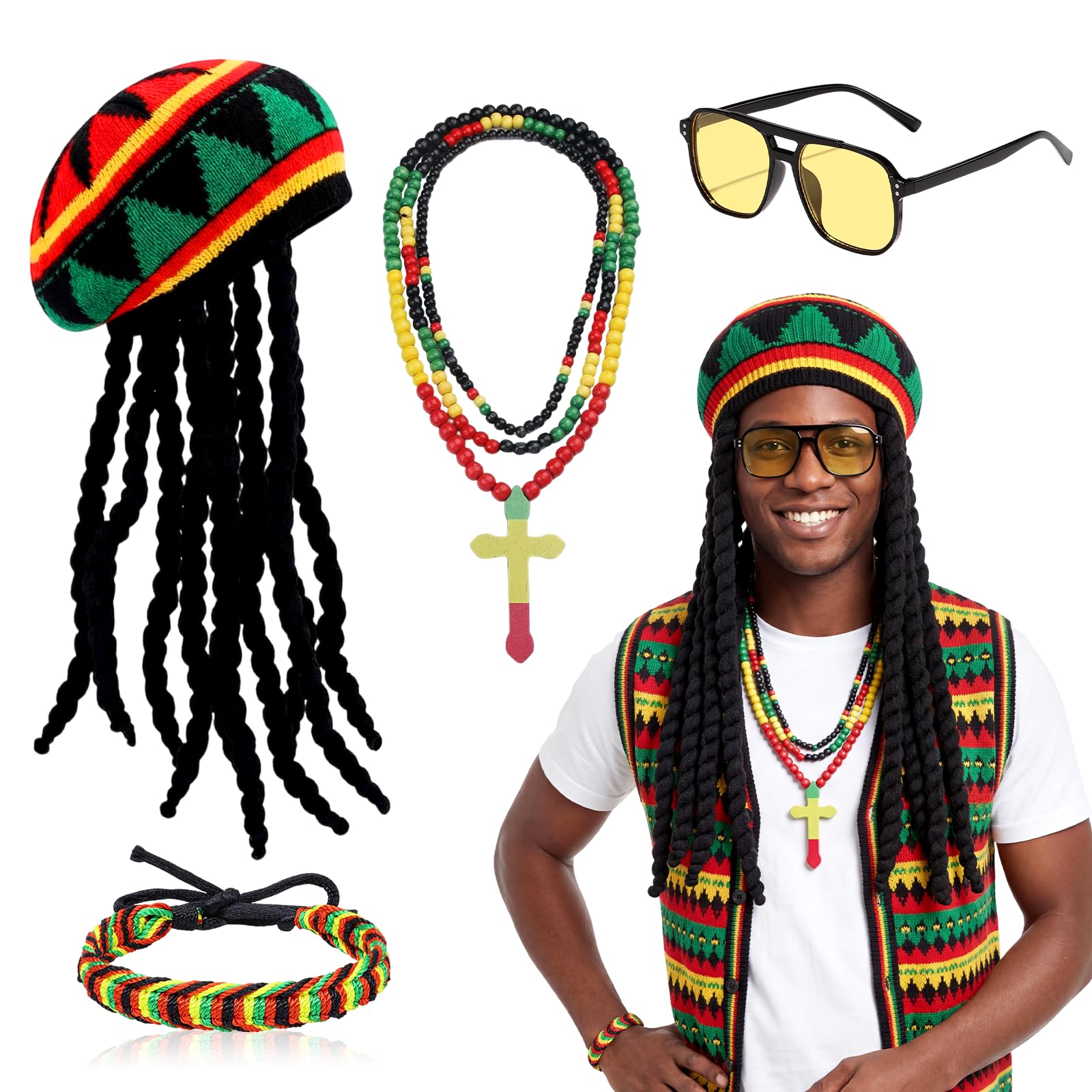 Dazzroi 4Pcs Rasta Costume Accessories Set, Rasta Hat with Black Dreadlocks Wig, Sunglasses, Necklace, Bracelet, Funny Caribbean Fancy Dress Outfit for Masquerade Carnival Halloween
