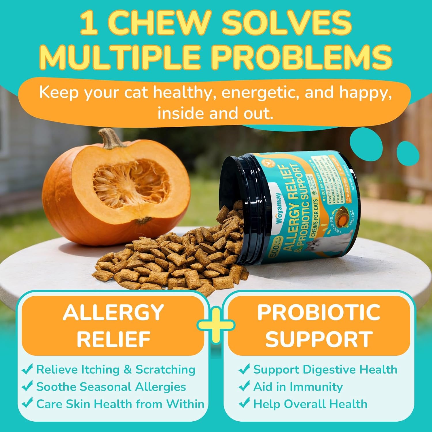 Woyamay Cat Allergy Relief for Cats with Probiotics, 500 Crunchy Cat Probiotic & Allergy Chews, Cat Allergy Treats to Stop Itching & Scratching, Probiotics for Cats Support Gut Health, Chicken Flavor