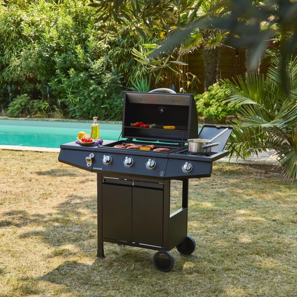 Alice's Garden - Barbecue gaz - Treville - Barbecue 3 brûleurs + 1 feu latéral noir. avec thermomètre