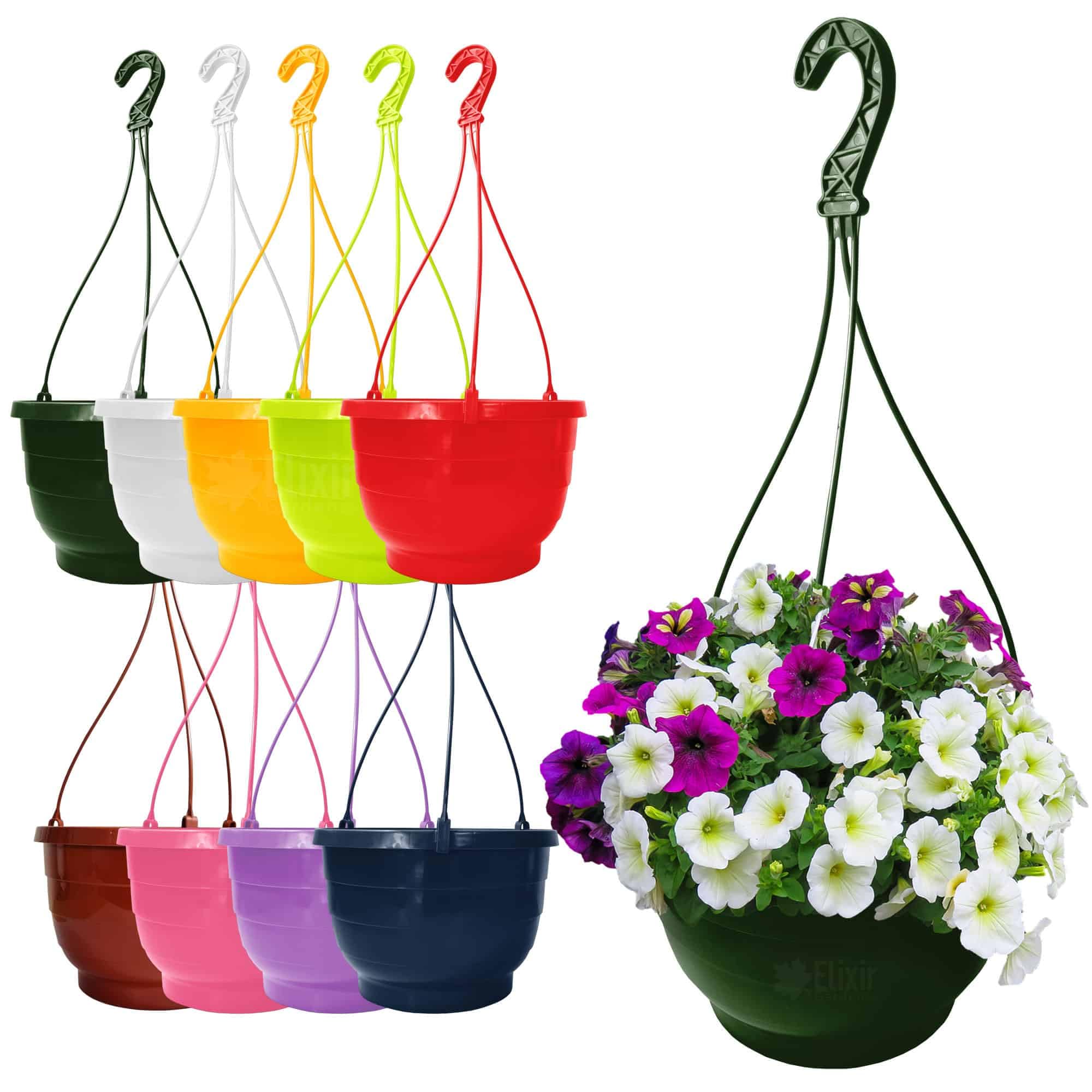 Elixir Gardens 25cm 6L Round Hanging Basket Pot Planter Many Colours to Choose From with Matching removable Hangers | Red x 4