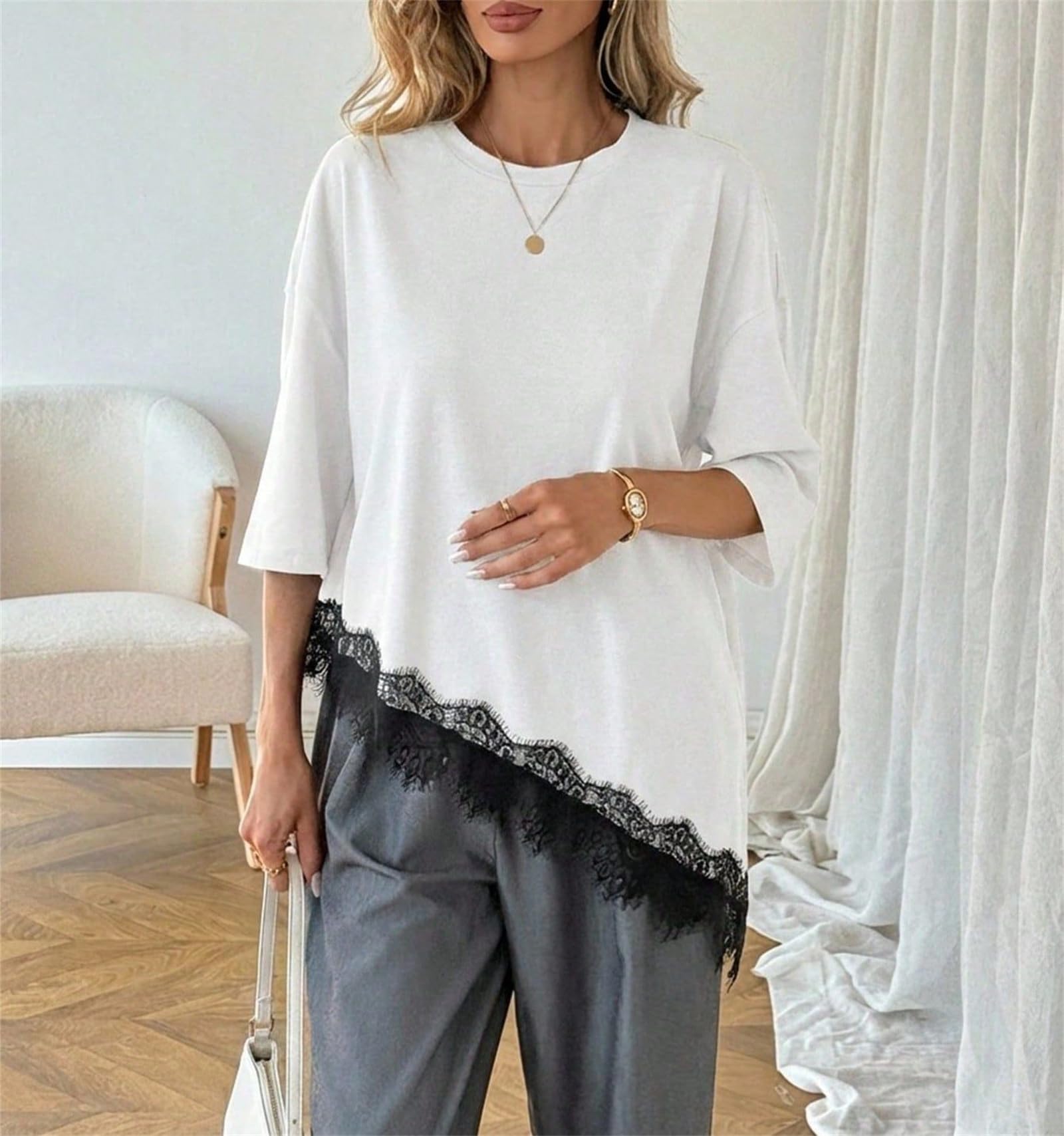 Blusa de Mujer con Dobladillo de Encaje, Corte Holgado, Manga Corta, Estilo Casual, Ideal para el Verano. Camiseta asimétrica con Encaje y Detalles de Encaje