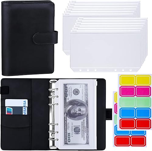 Antner A6 - Funda de piel sintética con 12 bolsillos para carpetas A6, 6 anillas y sistema de sobres para apartar dinero