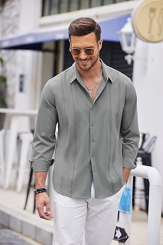 Miniatura 4 de COOFANDY - Camisa guayabera cubana para hombre, camisas casuales con botones, camisas de lino de playa de manga larga