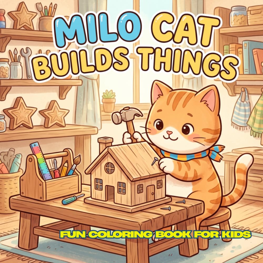 Milo Cat Builds Things: 30 Cute and Simple Coloring Pages for Kids Ages 4–12 | 8.5 x 8.5 inches | Easy Building, Crafting, and Inventing Adventures