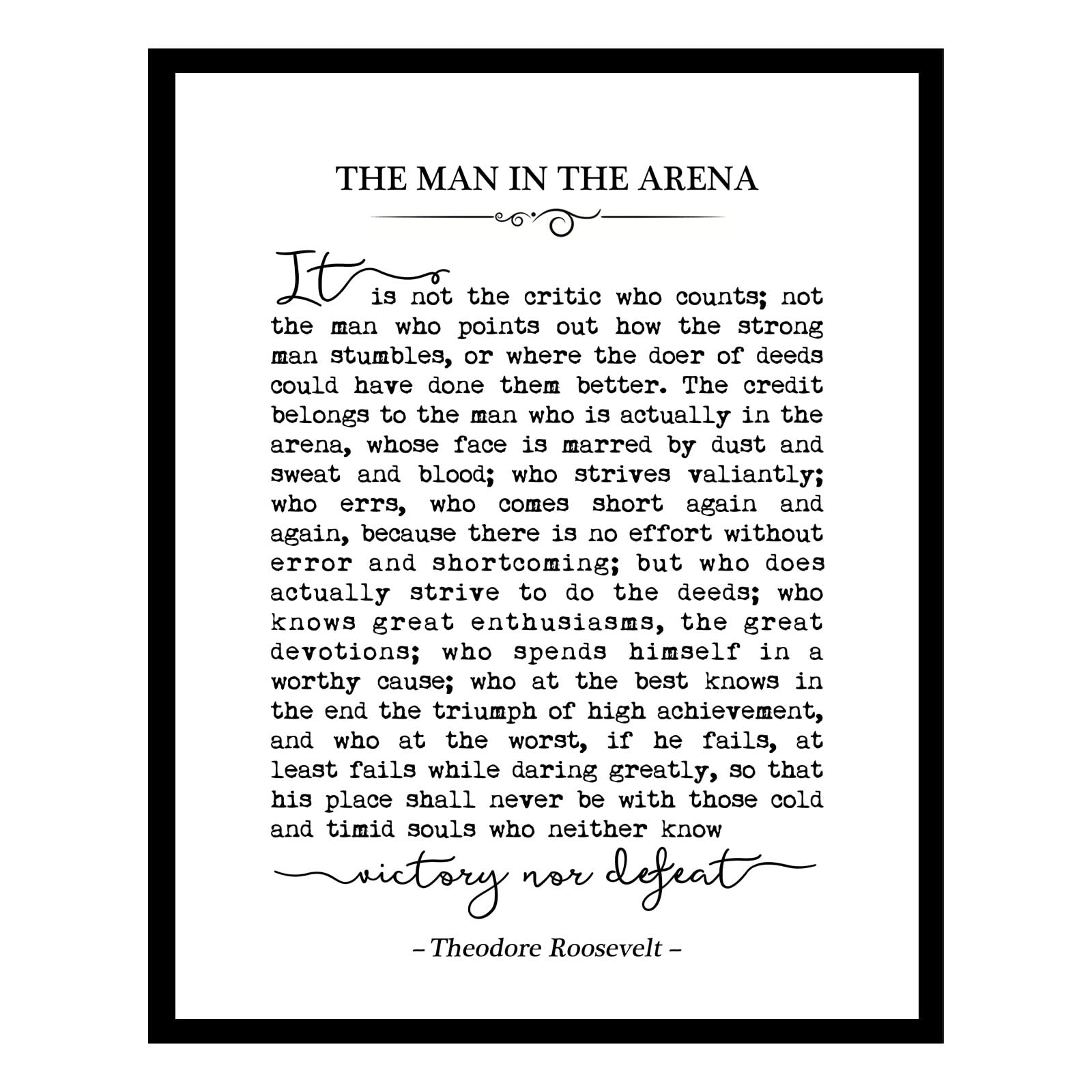 ZEARPT The Man in the Arena Quote Wall Art Print, Theodore Roosevelt Inspirational Typography Poster, Motivational Office Decor for Men Graduation Gift, Unframed 8x10 Inch