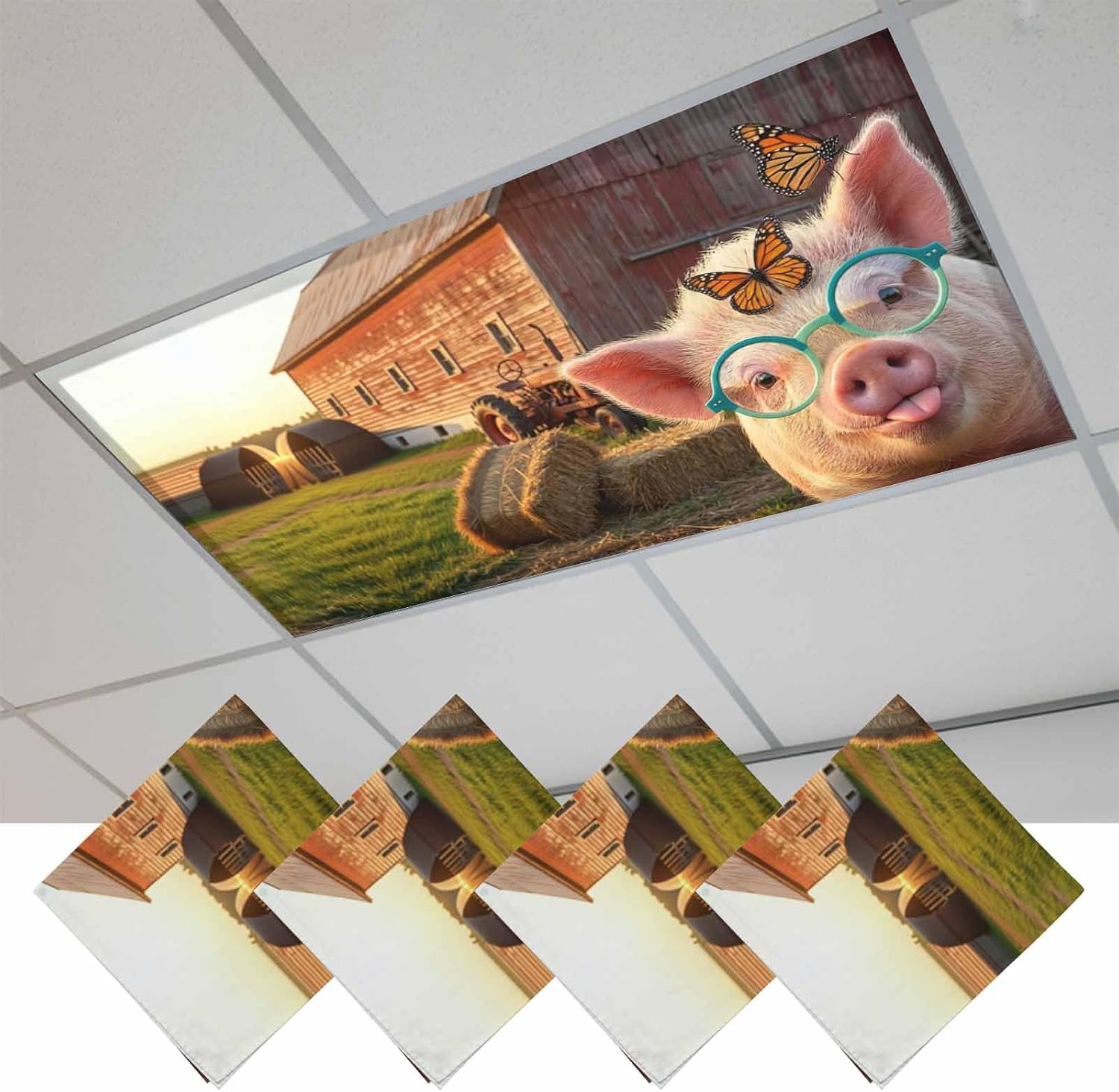2x4 ft Fluorescent Light Cover for Ceiling Farm Pigs Butterflies Magnetic Light Filters, Countryside Funny Animal Ceiling Lampshades for Home School Office 4Pcs