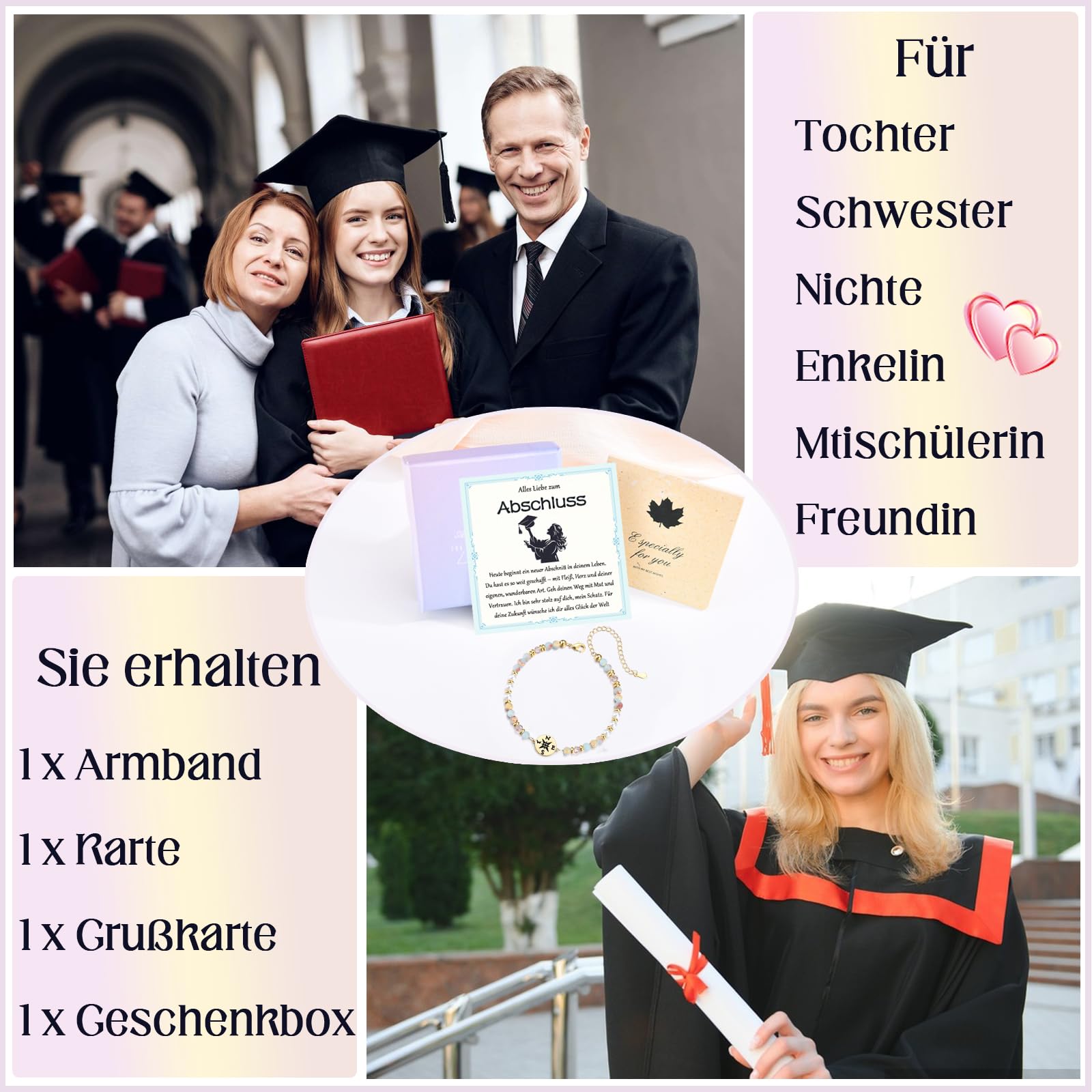 Abschluss Armband, Abitur Geschenke Mädchen, Armband mit Kompass als Geschenke zum Abi Schulabschluss Realschulabschluss Uni Master Abschluss für Tochter Schwester Enkelin Nichte Freundin