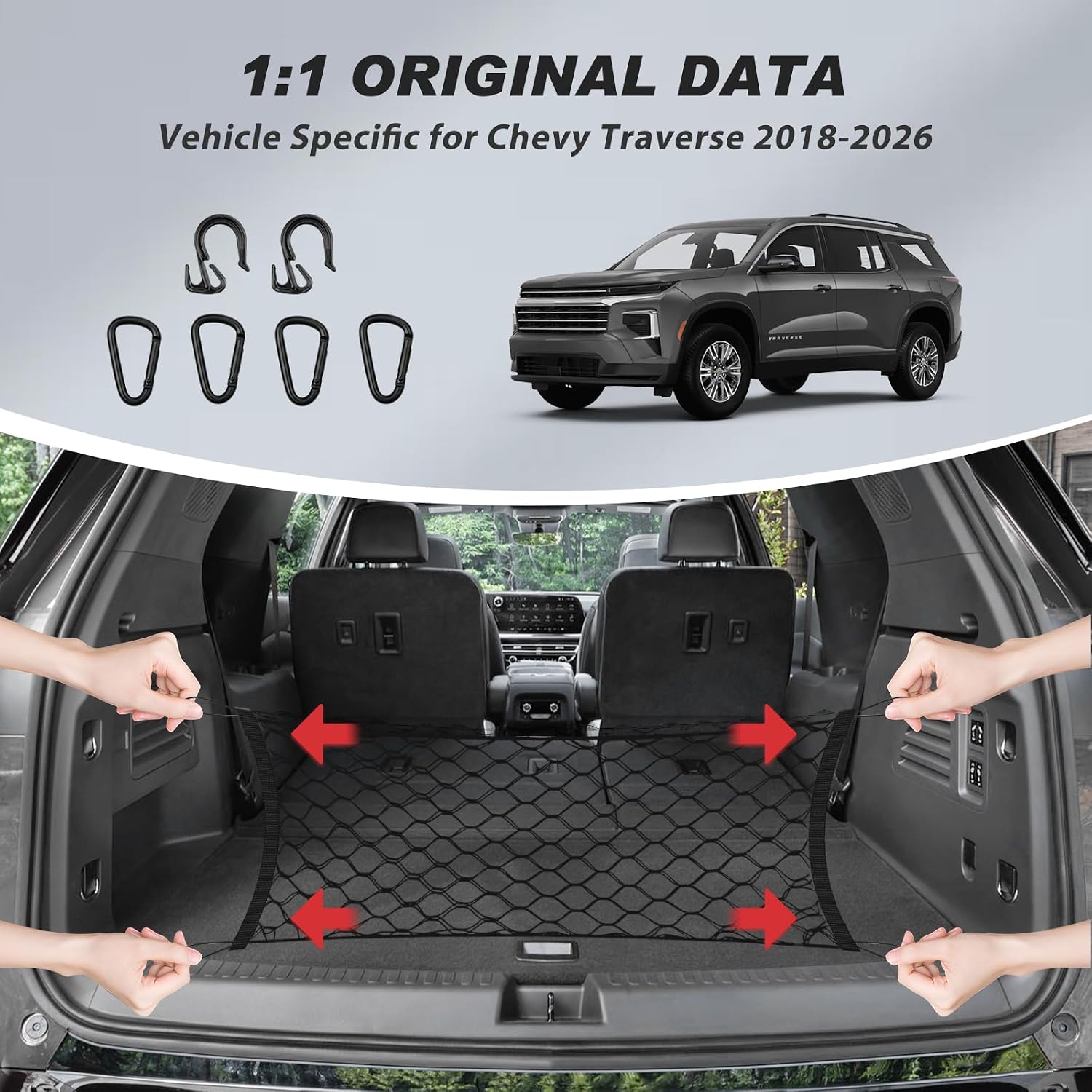 Karltys Envelope Style Cargo Net for 2018-2024 2025 2026 Chevy Traverse Accessories, Elastic Rear Trunk Mesh Cargo Net for Traverse Heavy Duty Nylon Mesh Storage Netting with Metal Hooks