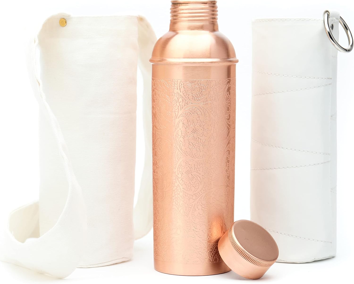 Authentic Ayurvedic Designer Copper Water Bottle of 34 Oz/1000 ml with Carrying Canvas Bag & Sleeve for Drinking Water | Leak-Proof & Lab Tested