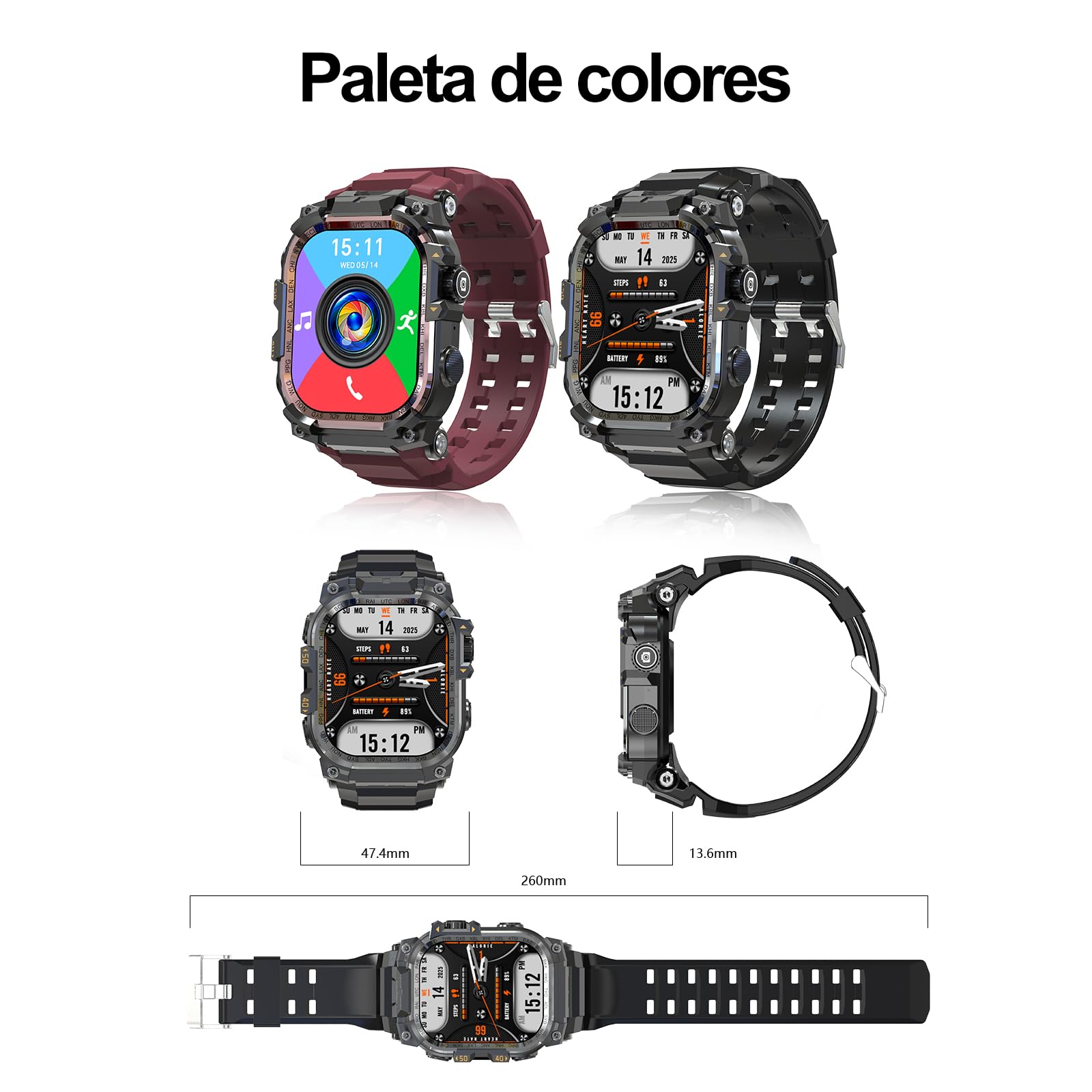 Reloj inteligente militar para hombre (almacenamiento de música), reloj inteligente de 2 pulgadas para Android e iOS, rastreador de fitness con linterna/auriculares TWS conectables pero (Negro)