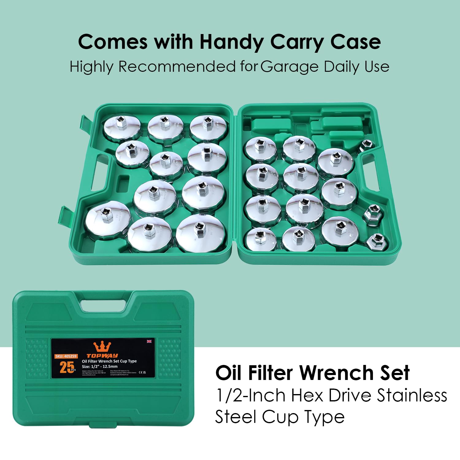 TOPWAY 25 PCs 1/2" Juego de Vasos para Llaves de Filtro de Aceite, Acero Inoxidable Herramientas de Extracción Llave de Filtro de Aceite Tipo Taza para Reparación de Automática