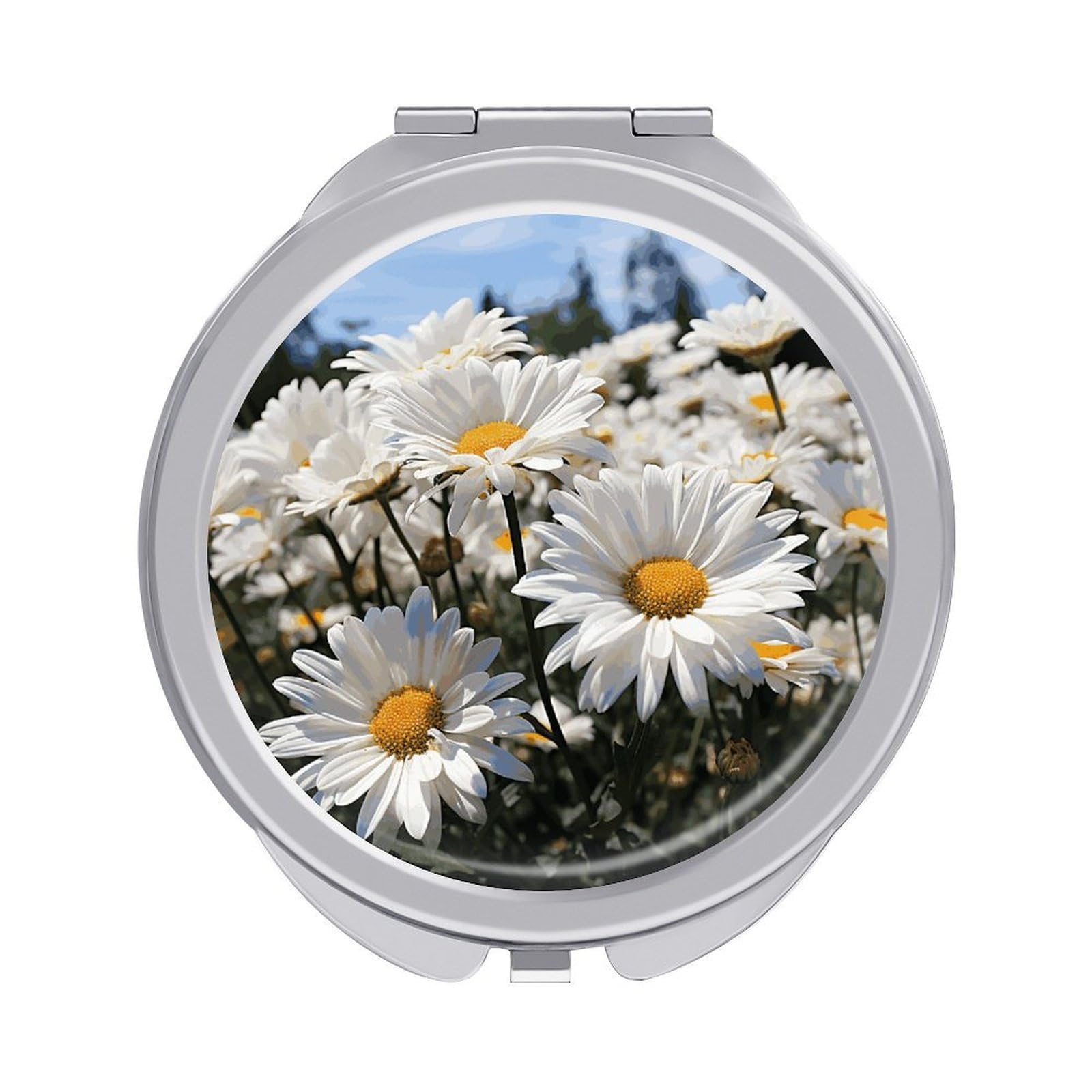 FekiLoot Wild White Daisies Makeup Mirror Compact Round Travel Makeup Mirror Portable Folding Handheld Pocket Mirrors for Handbag and Purses Gift Mini Mirrors