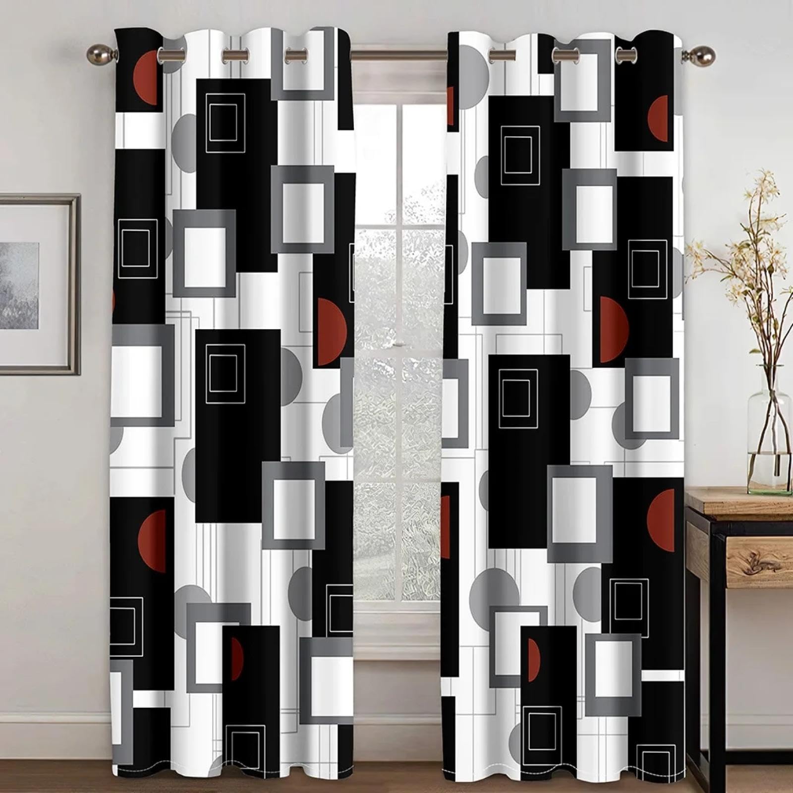 Rideaux pour fenêtres chambre salon motif géométrique rouge noir 241cm