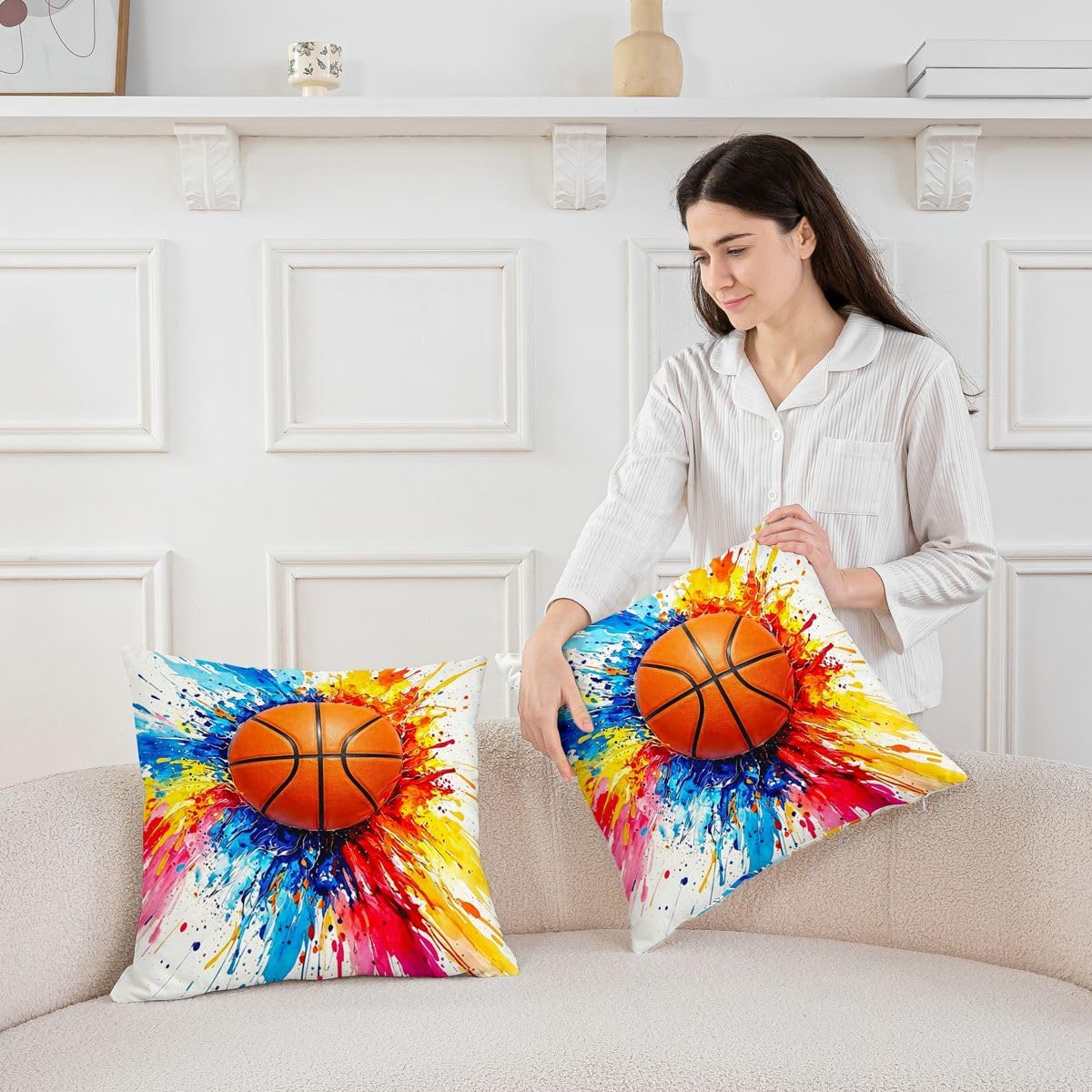 Feelyou Basketball Throw Pillow Covers Set of 4 Ball Games Cushion Covers Gaming Sports Pillow Case for Couch Sofa Gift for Basketball Lover Cushion Case Kids Boys Girls Bedroom Decor 16 x 16-Inch image 3