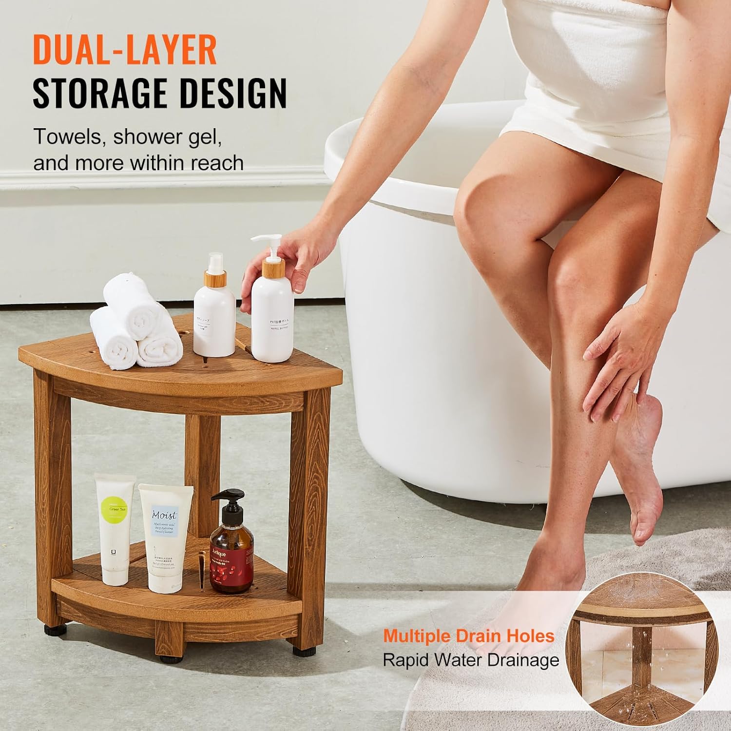 VEVOR 16.5" Shower Stool, HDPS Waterproof Shower Bench for Inside Shower, 350lbsCorner Shower Stool for Shaving Legs, Plastic Shower Seat with Storage Shelf for Inside & Outside Shower
