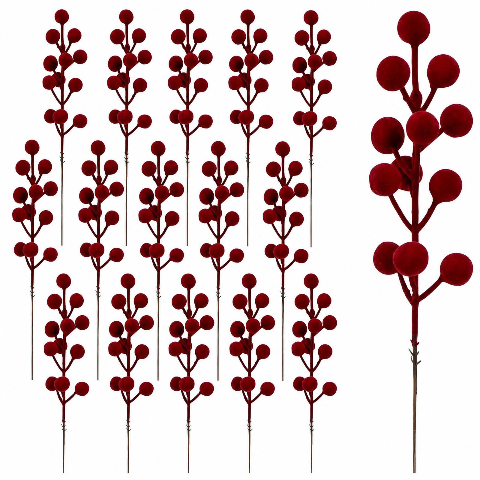 AisFgsw 16 Pcs Berry Stems 22cm Artificial Red Velvet Christmas Picks