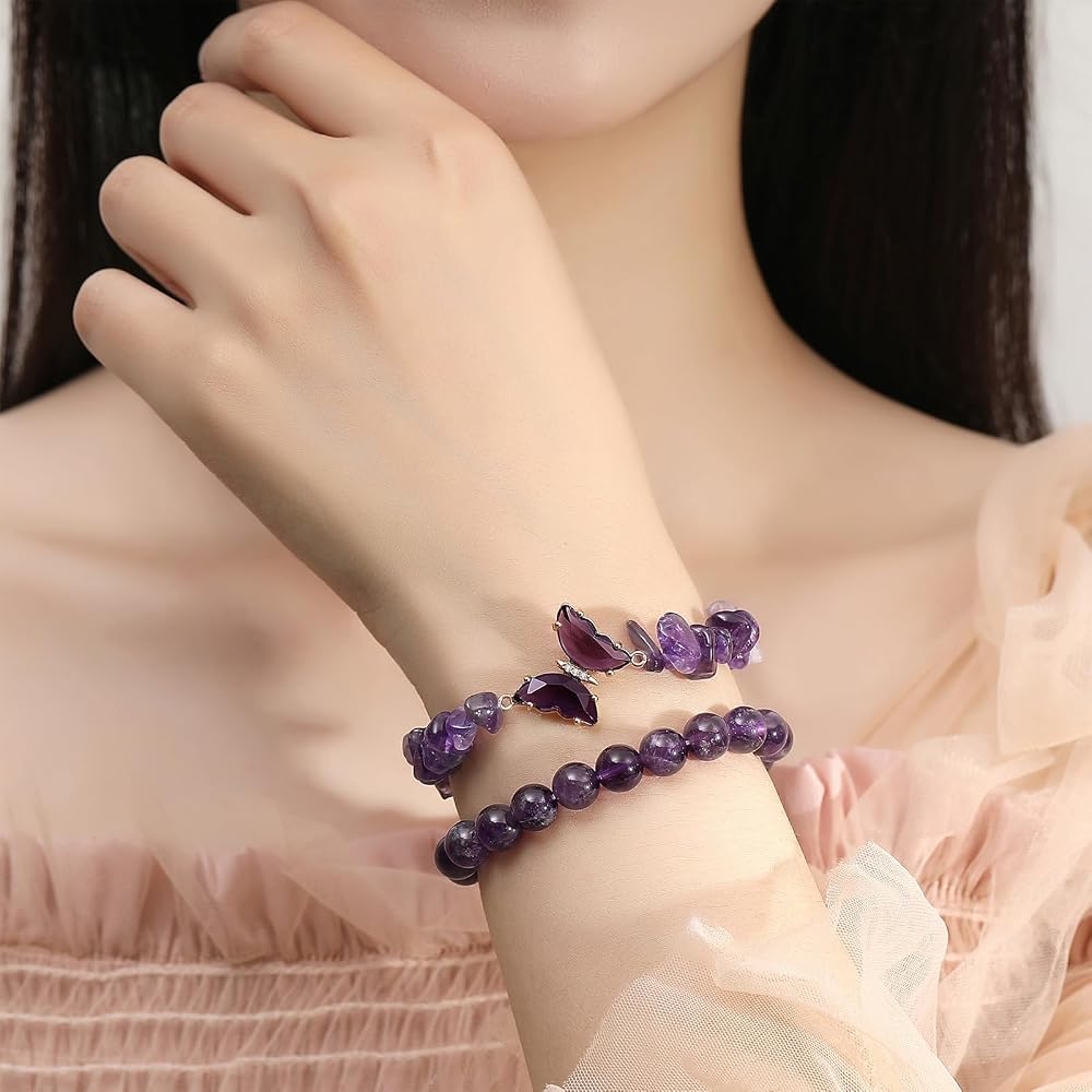 Set 2 Bracciali Elastici In Quarzo Ametista Naturale Con Ciondolo Farfalla - Fatto A Mano, Gioielli Cristallo Per Uomo E Donna