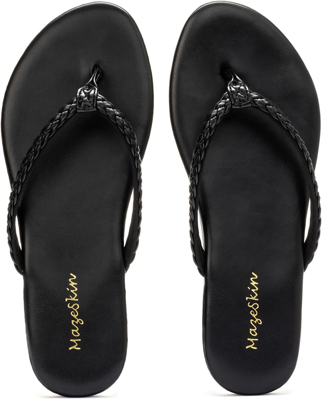 mazeskin Women's Memory Foam Comfortable Braided Flip Flops Leather Slide Dressy Summer Beach Flat Thong Sandals - Image 4