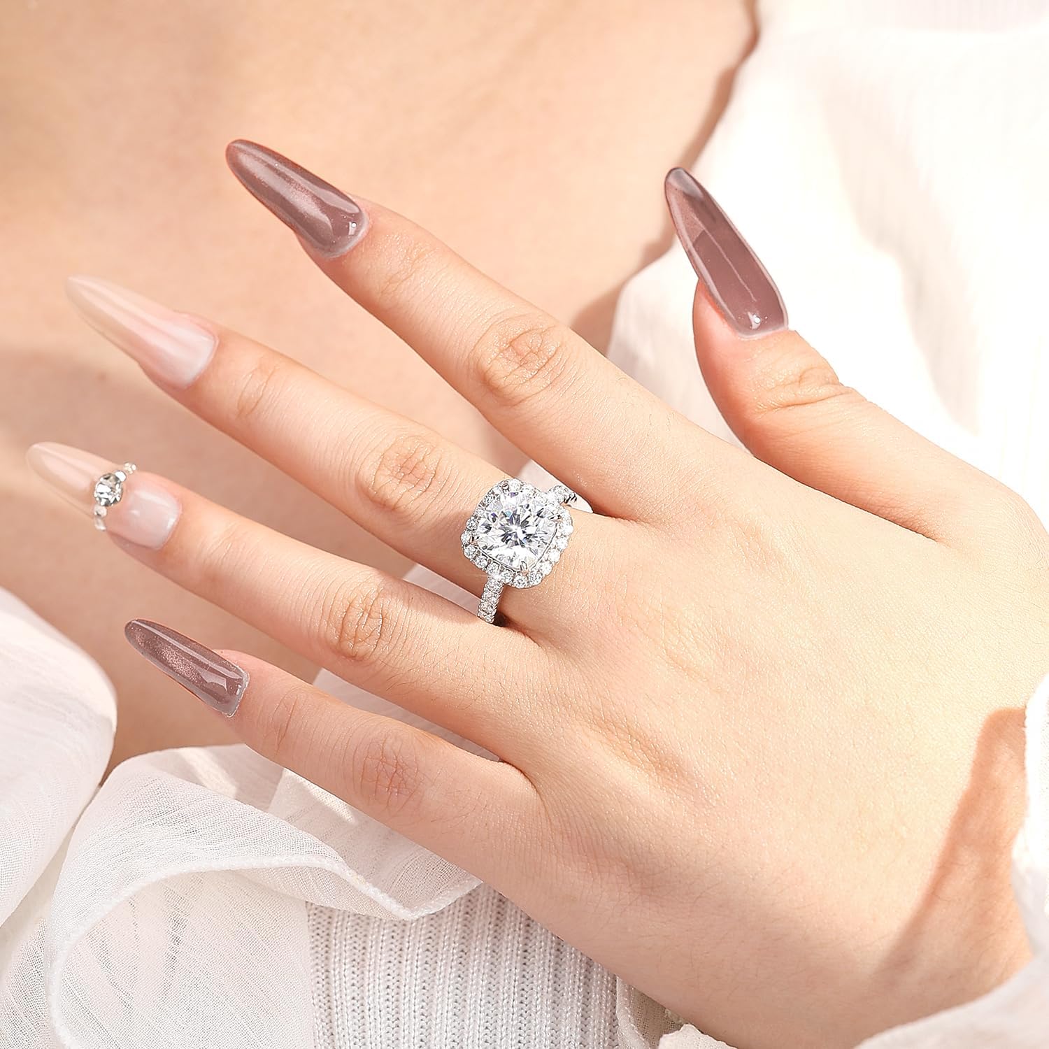 Total 4.2cttw(3.5CT Center Stone) Moissanite Engagement Ring, Thickened 925 Sterling Silver Band, Cushion Cut D Color VVS1, Halo Wedding Promise Rings with Certificate, Ideal Gift for Women
