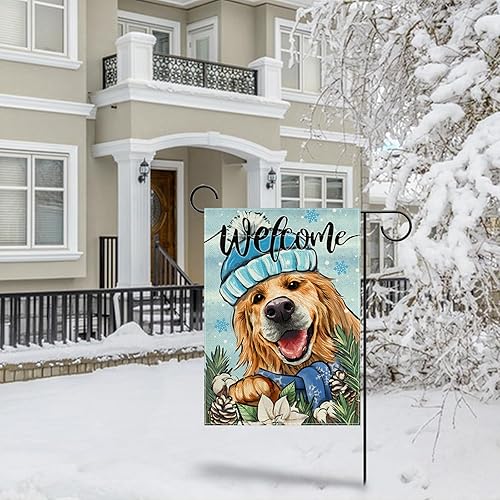 Miniatura 6 de Covido Bandera decorativa de jardín con diseño de perro Golden Retriever de bienvenida, cono de pino para cachorros, decoración exterior de patio