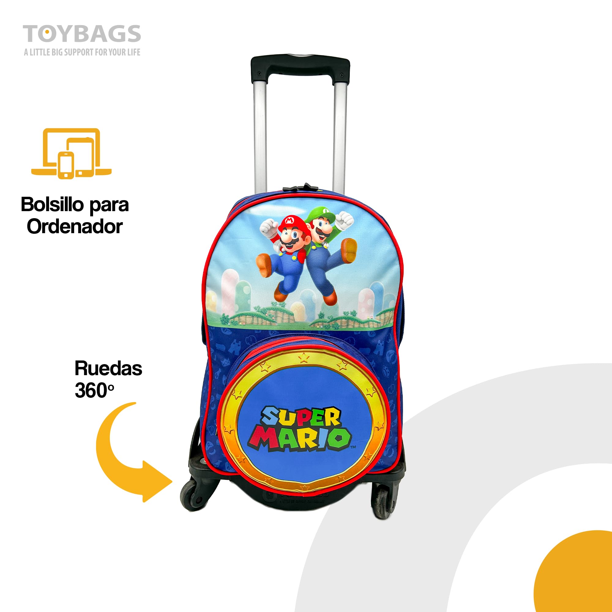 Mochila Escolar Super Mario - Doble Compartimento Adaptable + Carro Negro TOYBAGS con Proteccion Lateral Y STOPER Frontal Anti CAIDA 4 Ruedas giratorias - 45 X 32 X 20 CM