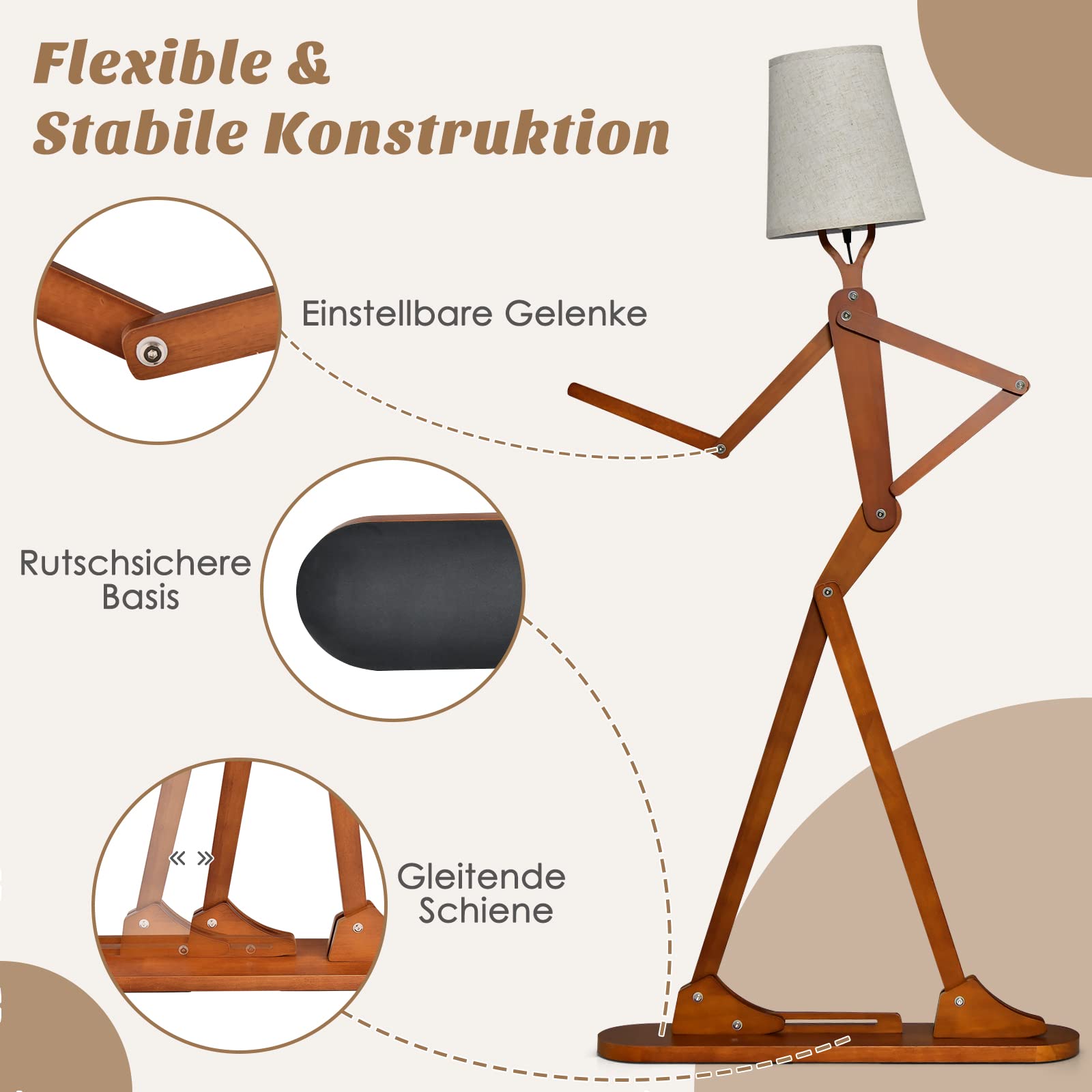 COSTWAY Geile Poseable Art Figure Stehlampe aus Holz, Lustige Stehleuchte, dekorative humanoide Eckleuchte mit verstellbaren Gelenken, Leselampe im kreativen Kunststil für Wohnzimmer & Schlafzimmer