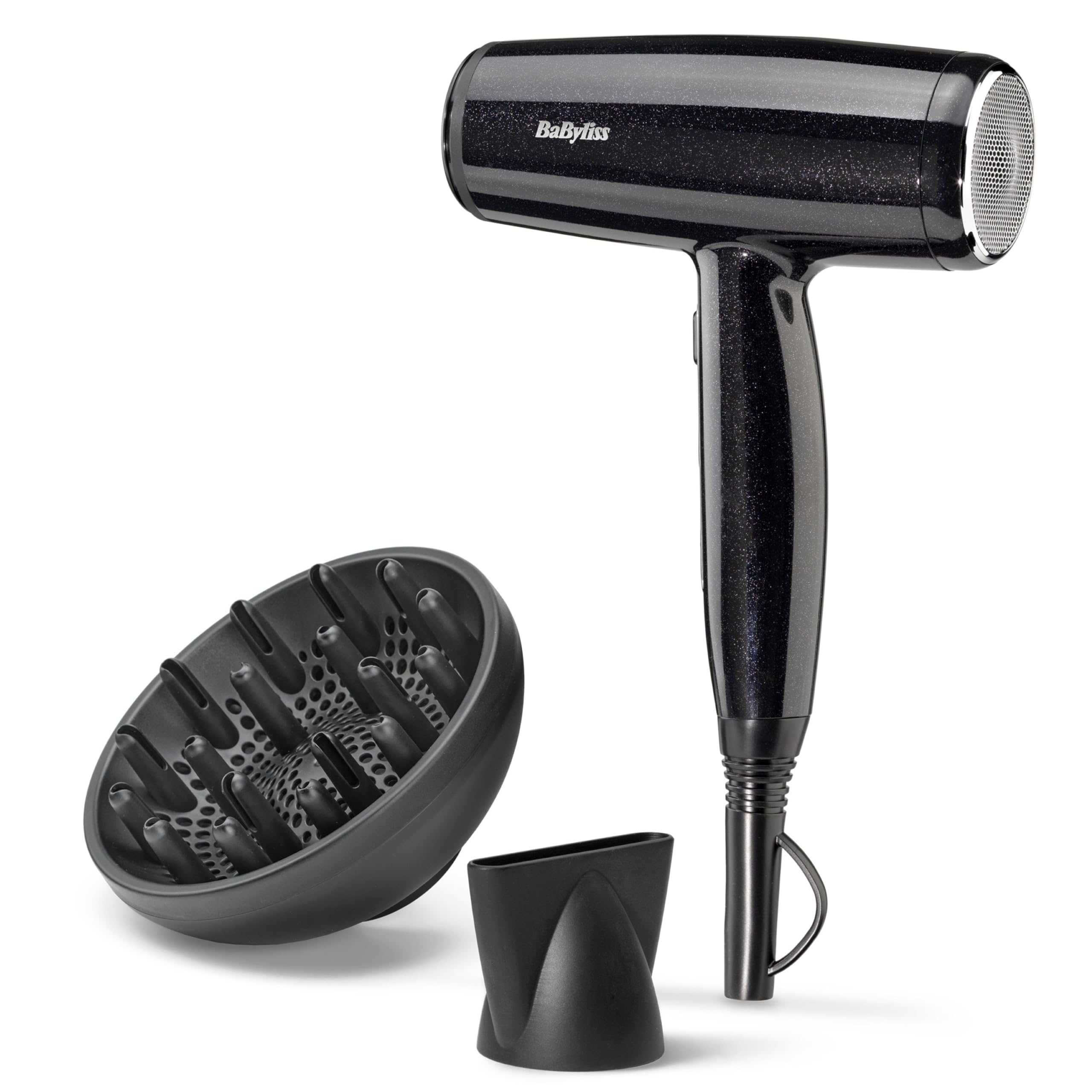 BaByliss Midnight Shine Compact-Lightweight Hair Dryer - 2100W Powerful Sleek Blow Dryer, Ionic Frizz-Free Conditioning, 3 Heat & 2 Speed Settings, Silver, D590DU
