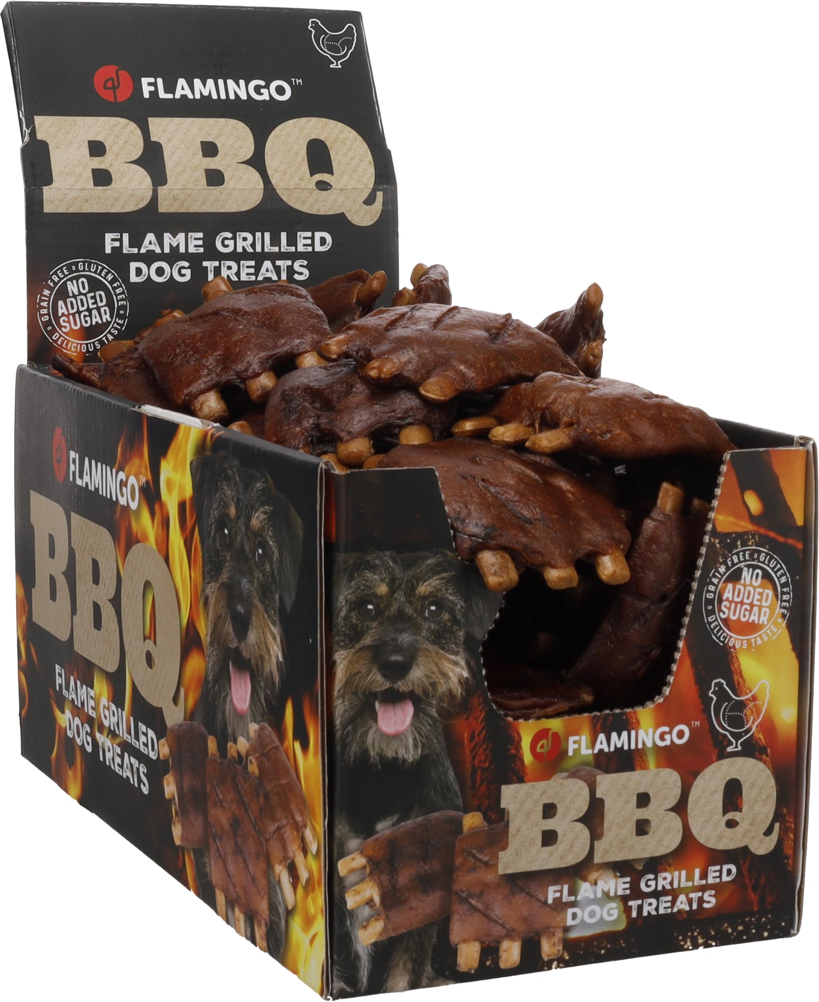 Snacks para Perros - Flamingo BBQ Ribs con Pollo L - 7 x 5 x 1 cm - 1,9 kg Display - Rica en proteínas - sin Gluten - sin Cereales - sin azúcares añadidos