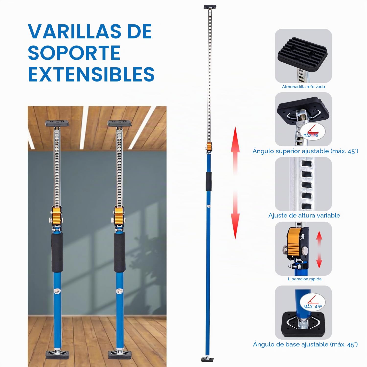 TOPWAY Pack 2 puntales telescópicos para placa de yeso 600‑1000 mm – soporte de techo ajustable rápido de acero para encimeras, marcos de puertas – carga hasta 60 kg
