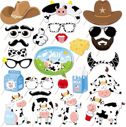 25 piezas de accesorios para cabina de fotos de vaca con palo, accesorios para selfies con temática de animales de granja, suministros de fiesta de