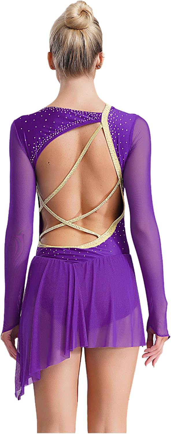 Vxuxlje Women's Figure Skating Dance Dress Strappy Backless Skirted Leotard Lyrical Dance Costume