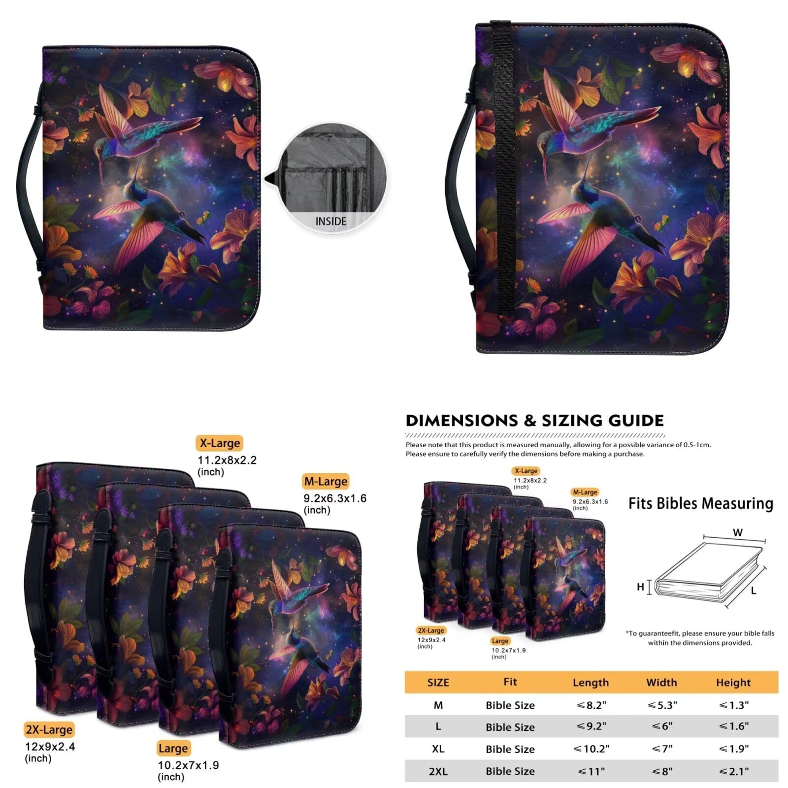 COEQINE Set di 7 custodie in pelle per bibbia con colibrì e segnalibro riutilizzabile, per donne e uomini, colore nero e viola, con fiore