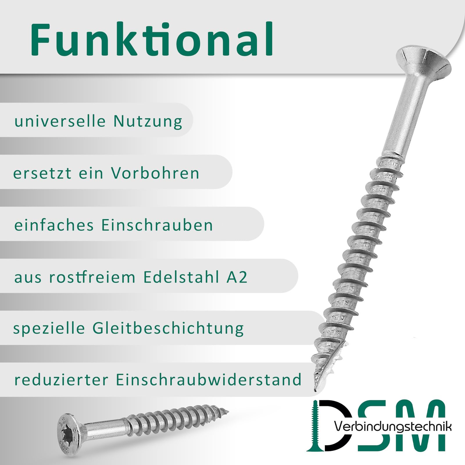 DSM – Tornillos para madera de acero inoxidable A2 – 8 x 220 mm – Tornillos de cabeza avellanada TX40 – Con refuerzo en la base, nervaduras de fresado y punta cortante – Muesca de corte – Tornillos