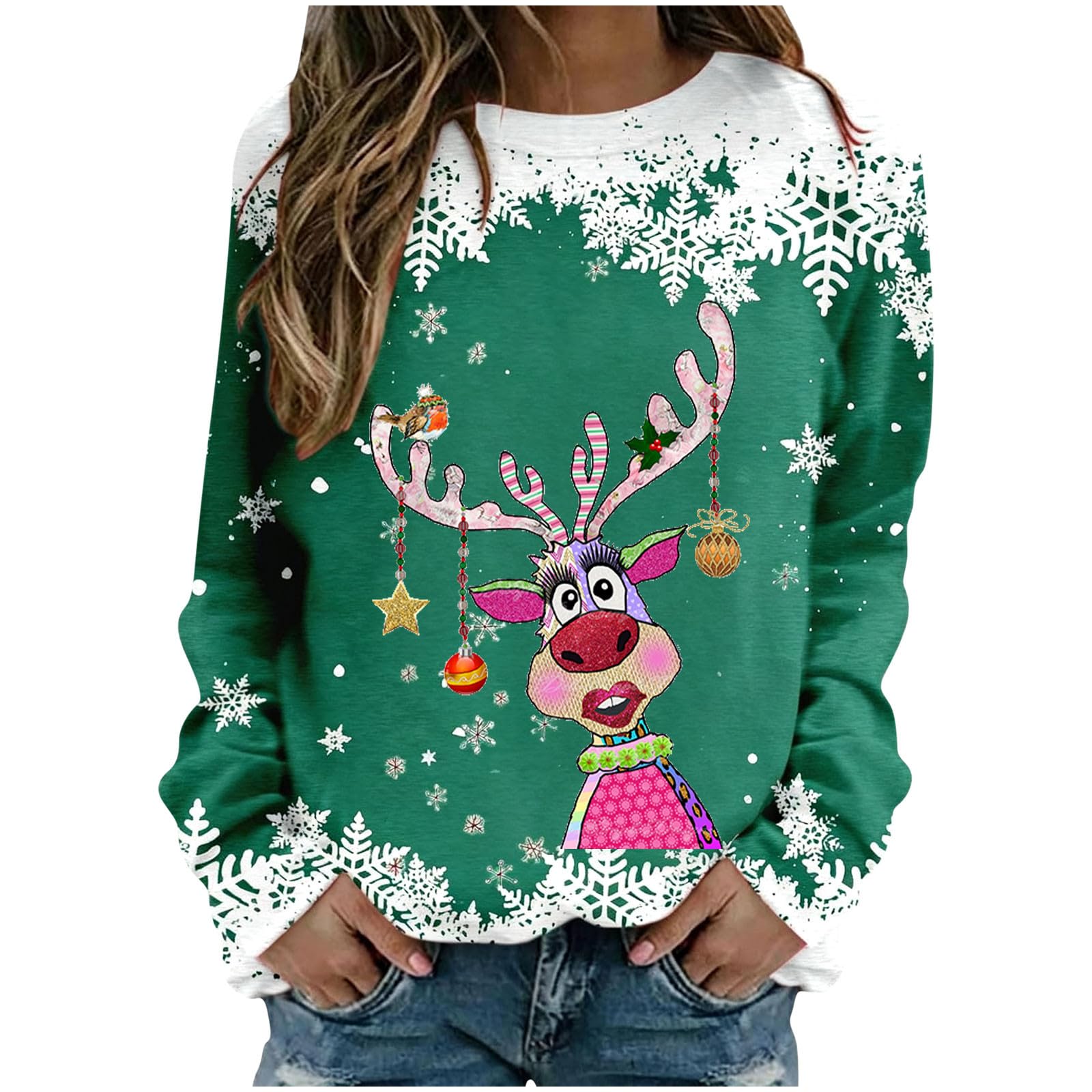 Weihnachtssweatshirt Damen Lustig Hässlicher Weihnachtspullover Langarm | Rentiermotiv, Weihnachtssweatshirt Damen, Festlich, Lustig, Langarm, Rundhals, Pullover, Winterlich, Freizeit, Bequem