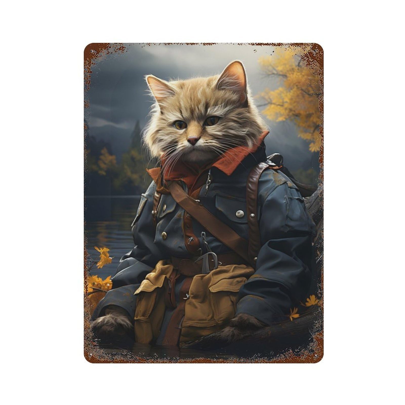 Cat Fisherman on A Lake Rust Effect Tin Sign 15.7"x11.8", Novelty Wall Decor for Garage, Pub Or Kitchen