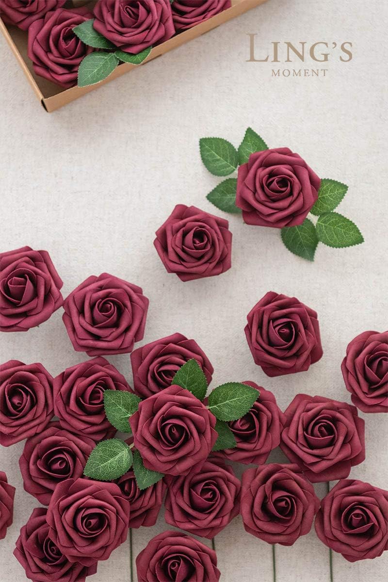 Ling's Moment Artificial Flowers Roses 25pcs Burgundy Fake Roses, Artificial Flowers 25pcs Real Looking Black Foam Fake Roses
