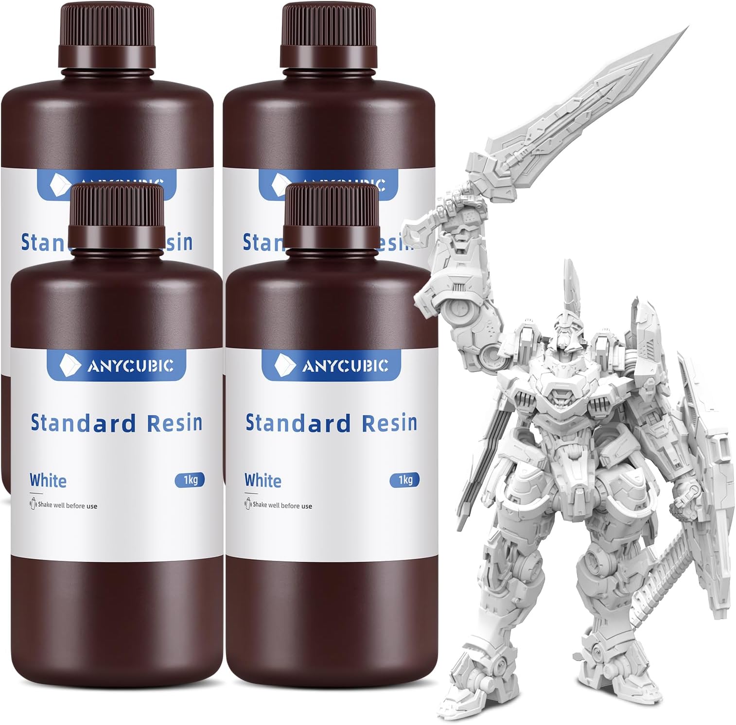 ANYCUBIC 3D Printer Resin Bundle, 405nm SLA UV-Curing Resin with High Precision and Quick Curing & Excellent Fluidity for LCD 3D Printing (4Packs*1kg White, 4kg in Total)