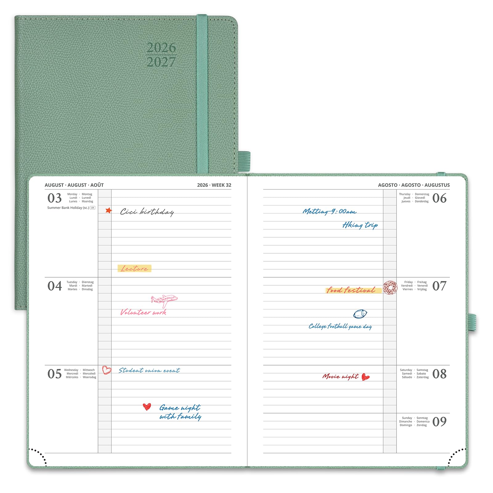 POPRUN A5 Academic Diary 2026-2027 Hardback Week to View (22x16.5 cm) 26/27 Horizontal Weekly Planner 17 Months (Aug'26 - Dec'27) Mid Year(Midnight Green) — image 1