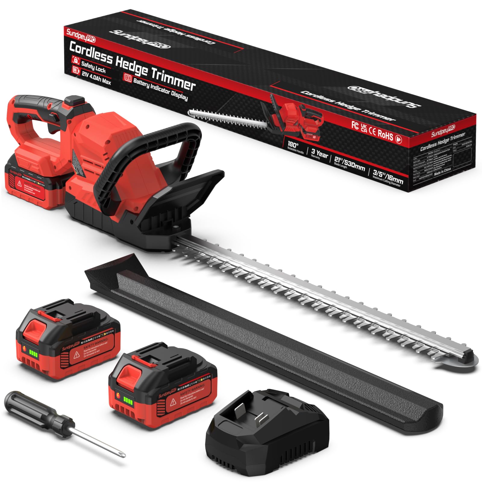 21V Heckenschere Akku 2x4.0Ah - Leichte Elektrische Heckenschere mit Akkus und Ladegerät, 53cm Dual Action Klinge, 16mm Zahnabstand, 180° Drehbarer Griff, Heckenschneider für Sträucher