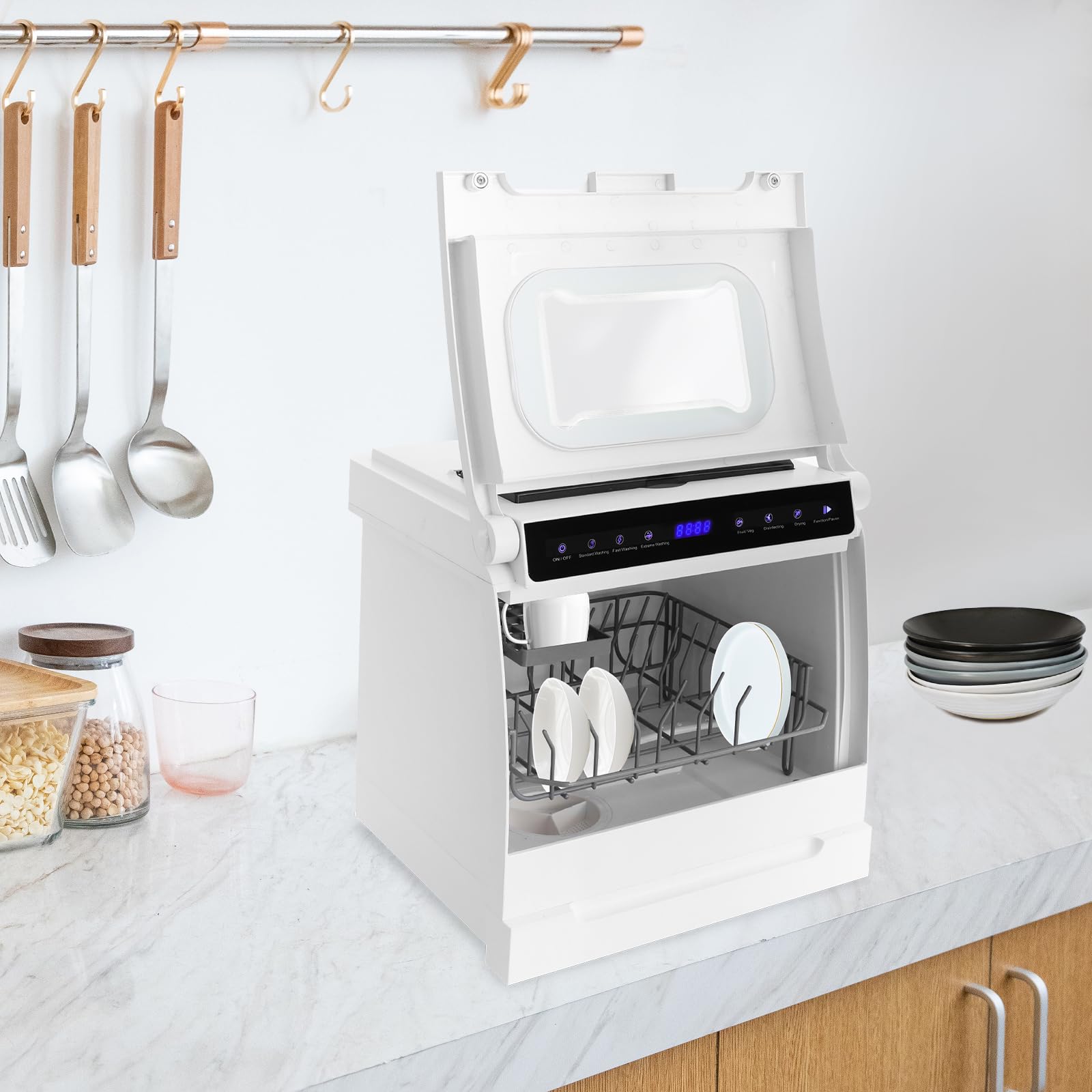 Lavastoviglie da tavolo 1100W con 5 programmi e asciugatura ad aria calda, per 4-6 persone, 72h di conservazione, pannello di controllo touch, finestra, silenzioso 52dB, per appartamento, camper