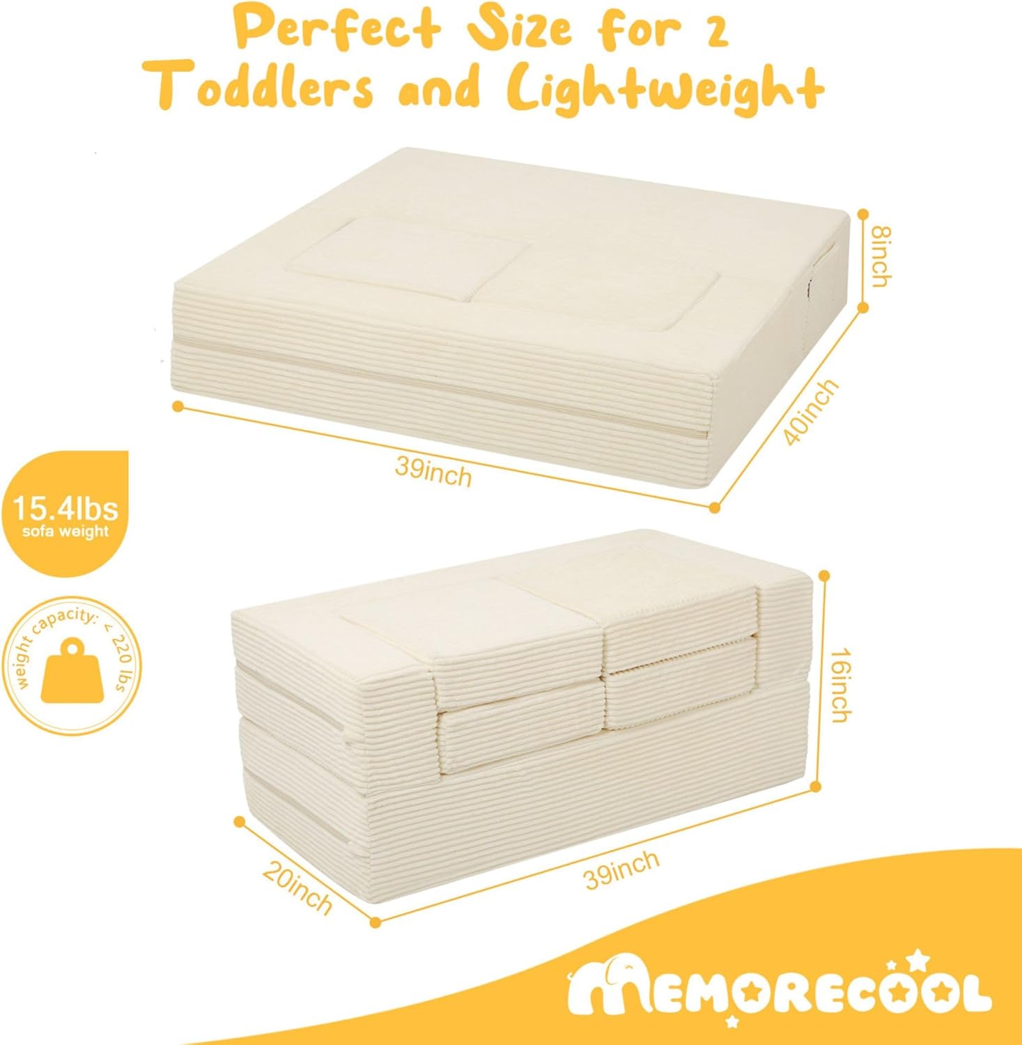 MeMoreCool Modular Kids Couch, Corduroy Play Toddler Couch for Bedroom Playroom Furniture, Convertible Foam Kids Sofa Bed, Fold Out Baby Sofa for Girl Boy, Beige Beige Corduroy