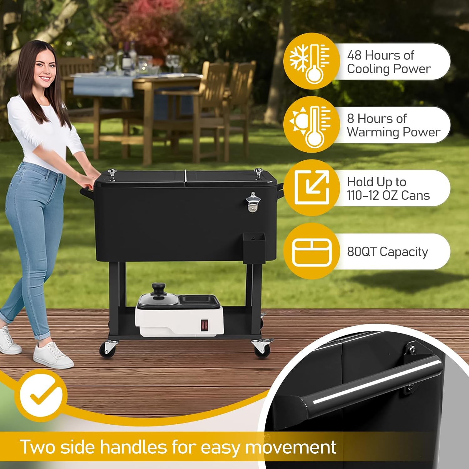 80 Quart Rolling Ice Chest,Portable Party Cooler,Patio Party Bar Drink Cooler Cart with Shelf & Wheels,Beverage Pool with Bottle Opener for Indoor and Outdoor Patio Entertainment