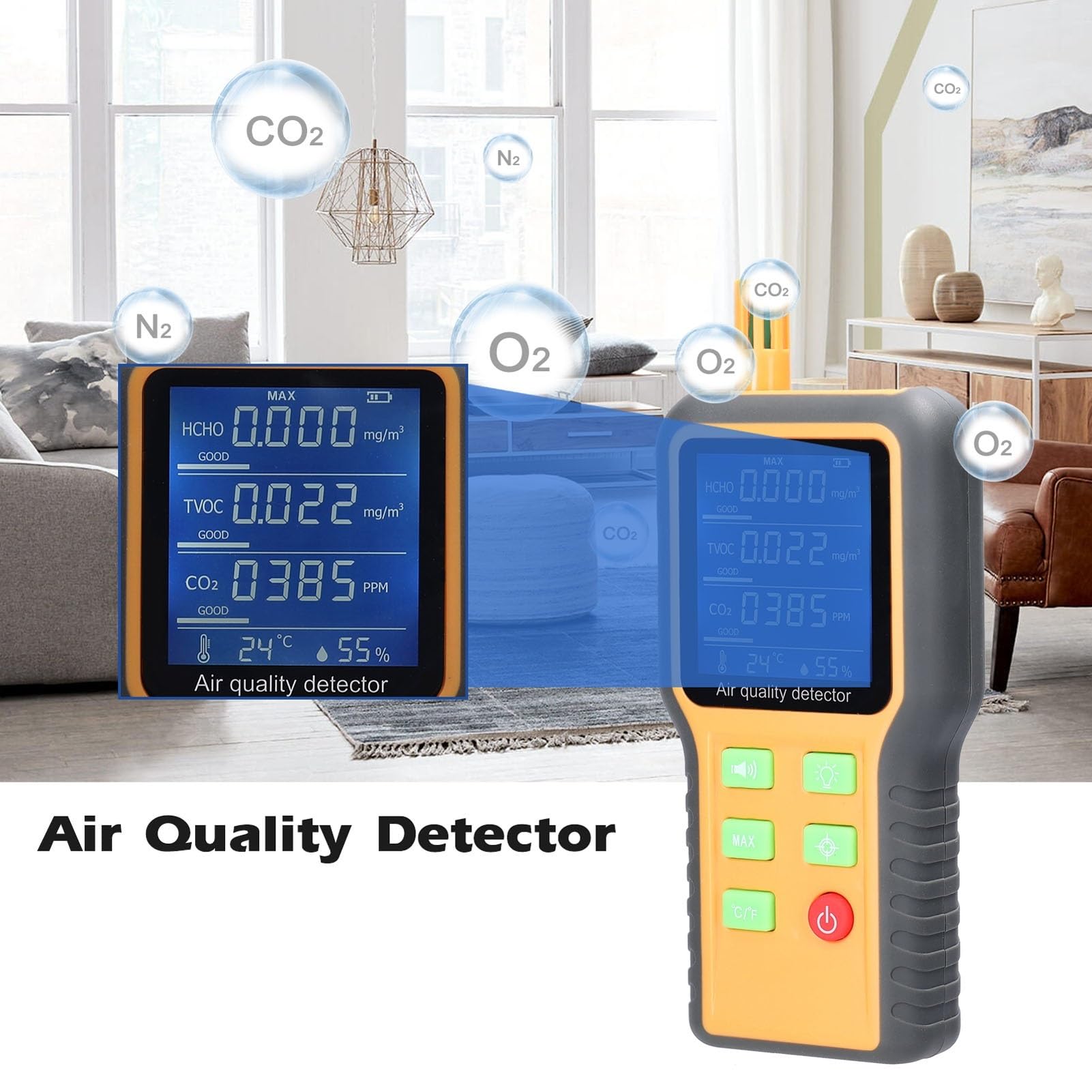 Detector de Gases, Monitor de Calidad del Aire, comprobador CO2, medidor Temperatura y Humedad, Pantalla LCD retroiluminada, Detector dióxido Carbono