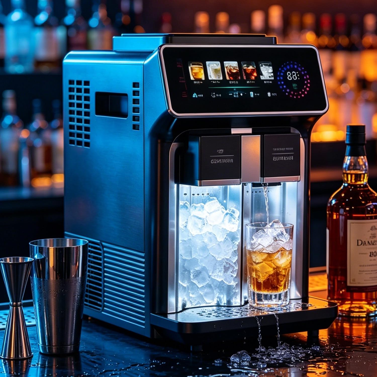 3-in-1-Eiswürfelbereiter für die Arbeitsplatte, 15 kg/Tag: Schnelleis in 6 Minuten, Slush-Eis in 30 Sekunden, Eiswasser in 3 Sekunden | Edelstahl + Touchpanel | Automatische Wasserzufuhr Black