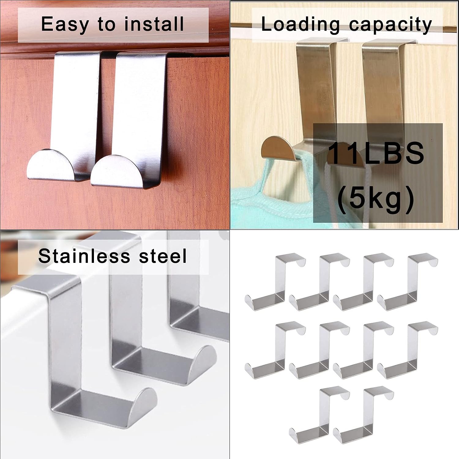 10 Pack Over The Door Hooks,Free Moving Adjustable Stainless Steel Hooks,Z-Shaped Reversible Door Hanger for Hanging Clothes, Towels, Coats and More (Silver)